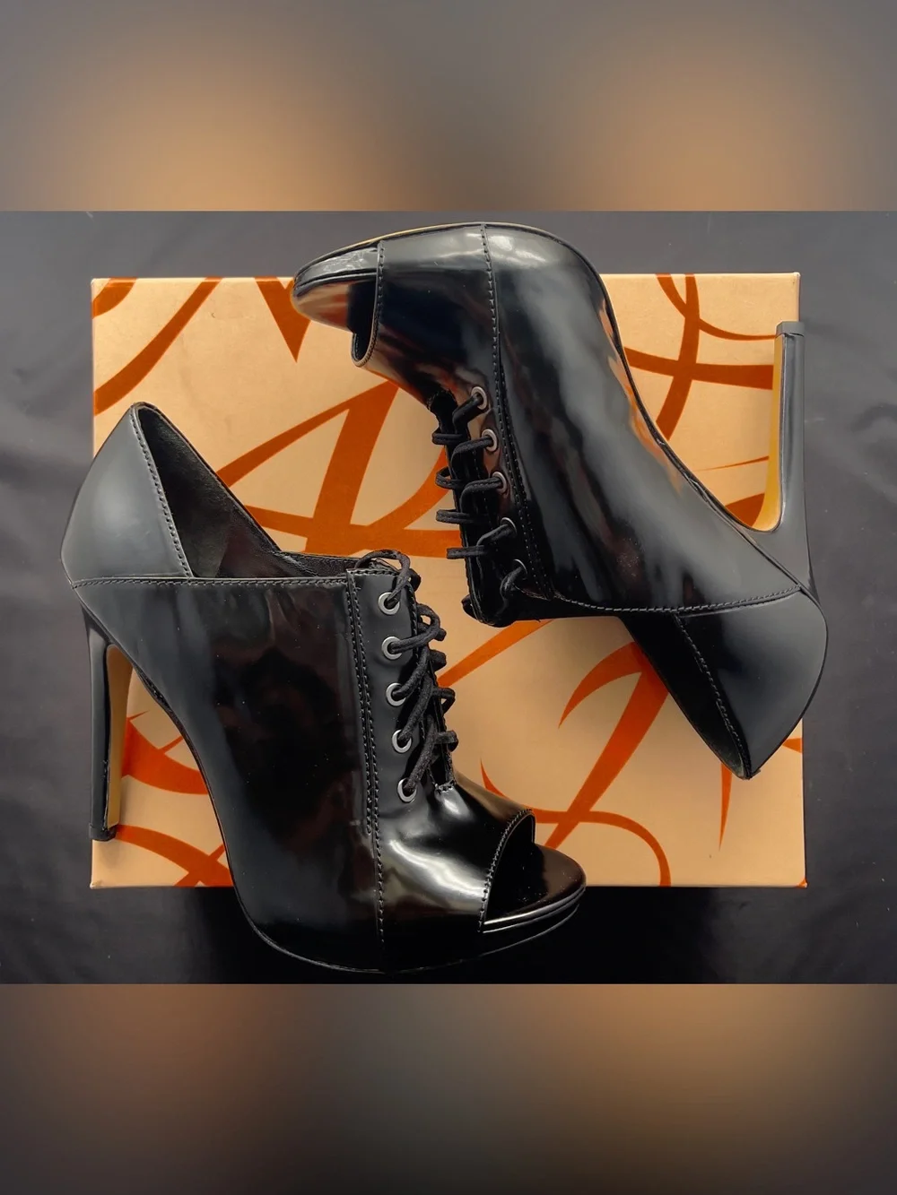 Black Lace-Up Peep-Toe High Heel Booties
